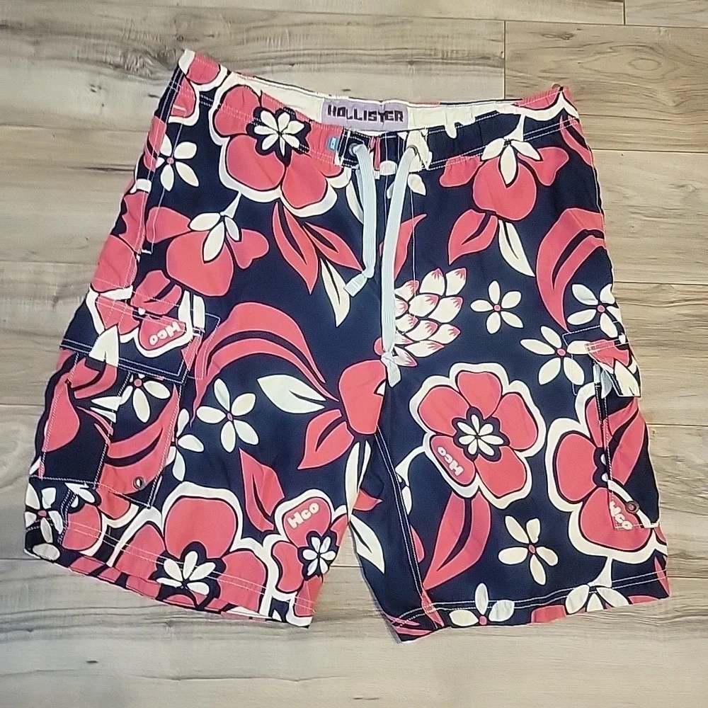 Hollister Men's Board Short Swim Trunks Pink Blue Floral‎ Cargo Shorts Medium